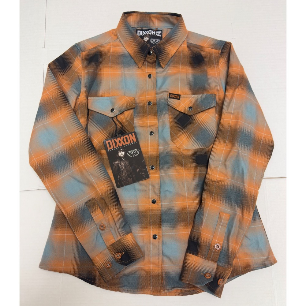Dixxon Flannel Waylon Jennings Shirt Womens M Orange Blue Plaid Biker Western